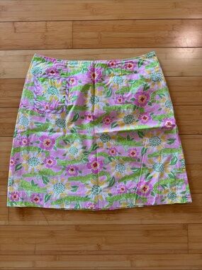 Lilly Pulitzer Pink, Green & Yellow Alligator and Floral Cotton Mini Skirt
